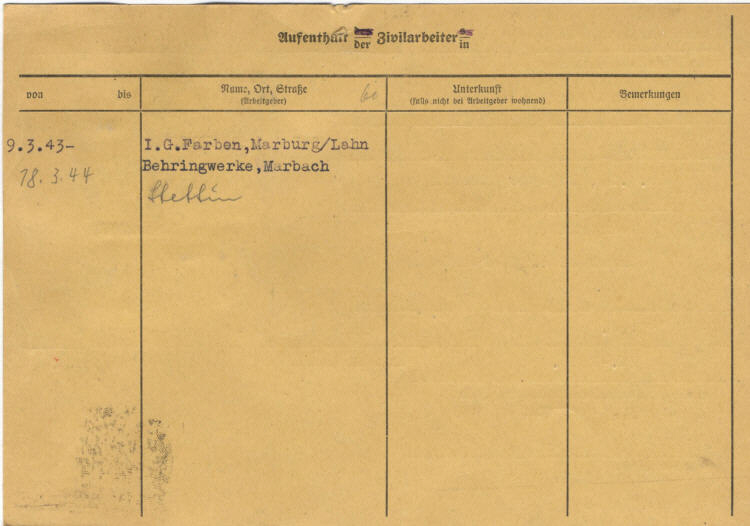 Zivilarbeiterin aus Sowjetrußland: I.G. Farben Behringwerke. Später den „Reichsdeutschen“ gleichgestellt