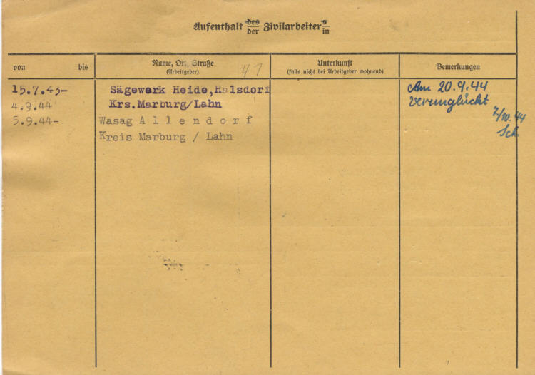 Zivilarbeiterin aus Sowjetrußland: Wasag Allendorf, am 20. September 1944 tödlich verunglückt