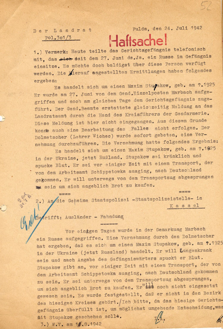 Der Landrat Fulda an die Gestapo Kassel: Haftsache Maxim Stupakow