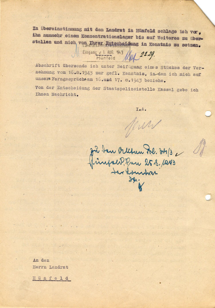 Landrat Fulda an Gestapo Kassel und Landrat Hünfeld: Haftsache Gradkowski wegen wiederholten Arbeitsvertragsbruchs. Überstellung an Konzentrationslager