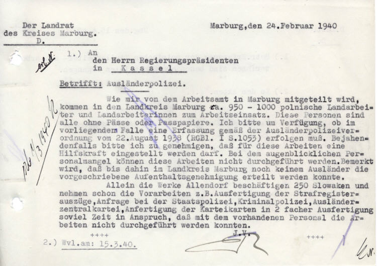 Der Landrat des Kreises Marburg an den Regierungspräsidenten in Kassel:  Zuweisung von 950-1000 polnischen Landarbeitern, organisatorische Vorbereitungen