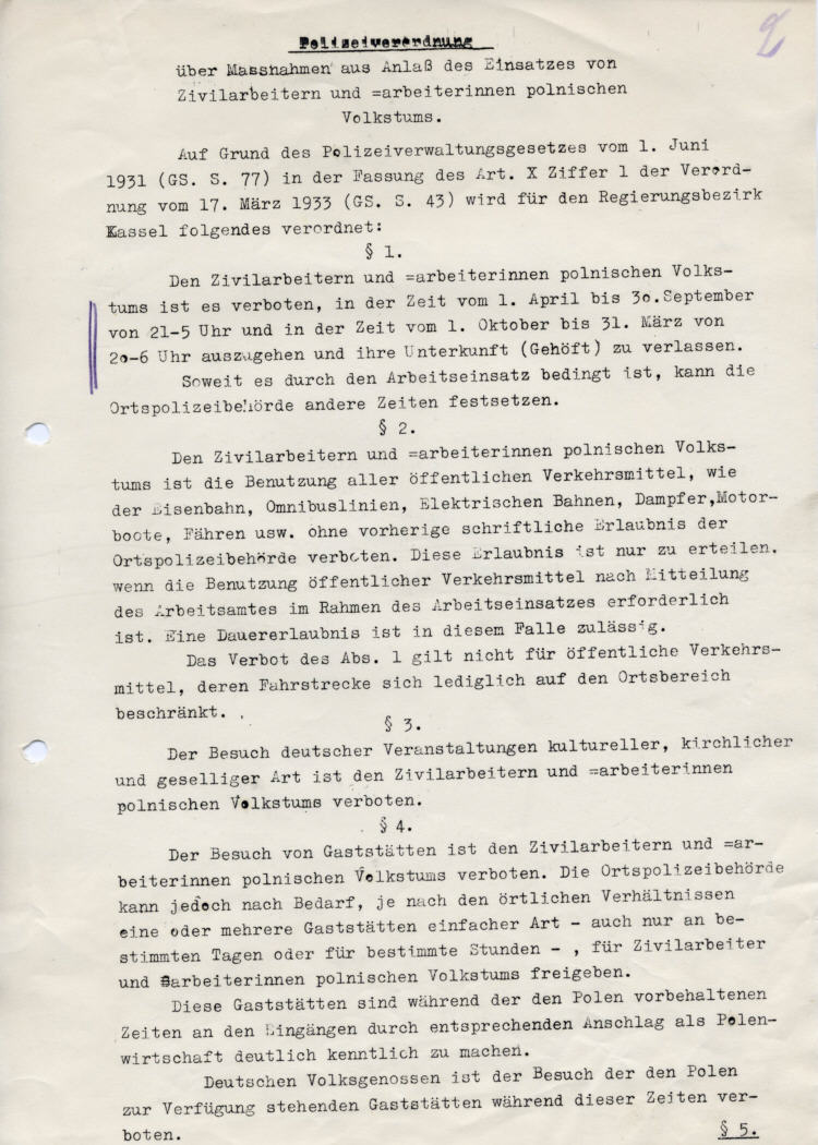 Polizeiverordnung zum Einsatz von Zivilarbeitern und –arbeiterinnen polnischen Volkstums im Reg.Bezirk Kassel vom 19. April 1940: Nächtliches Ausgehverbot