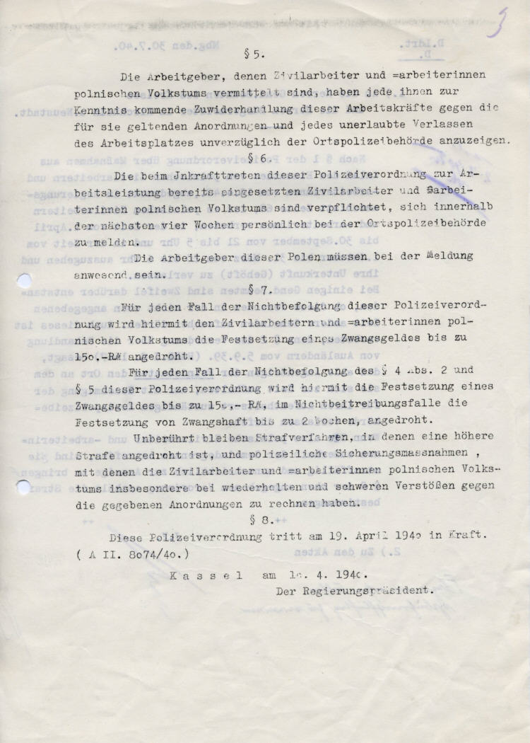 Polizeiverordnung zum Einsatz von Zivilarbeitern und –arbeiterinnen polnischen Volkstums im Reg.Bezirk Kassel vom 19. April 1940: Nächtliches Ausgehverbot