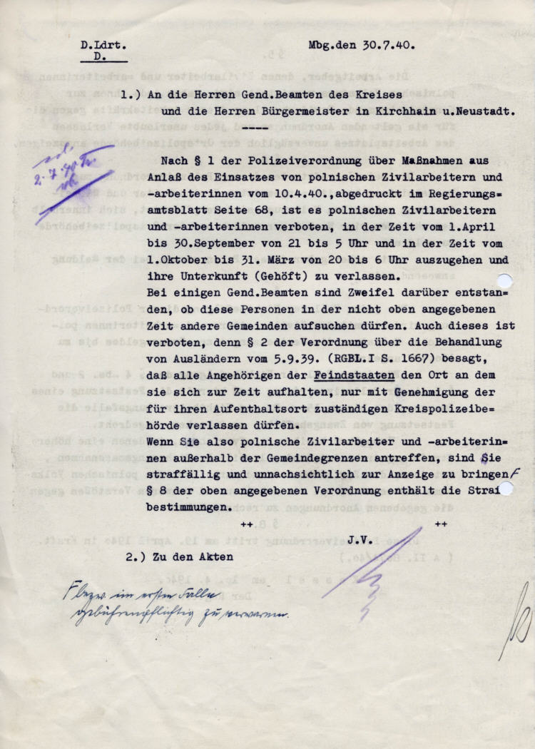 Polizeiverordnung zum Einsatz von Zivilarbeitern und –arbeiterinnen polnischen Volkstums im Reg.Bezirk Kassel vom 19. April 1940: Nächtliches Ausgehverbot