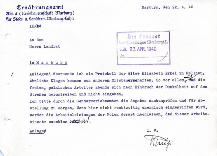 Überprüfung von Klagen über Verhalten und Arbeitsleistungen polnischer Landarbeiter, hier: Mellnau, Krs. Marburg