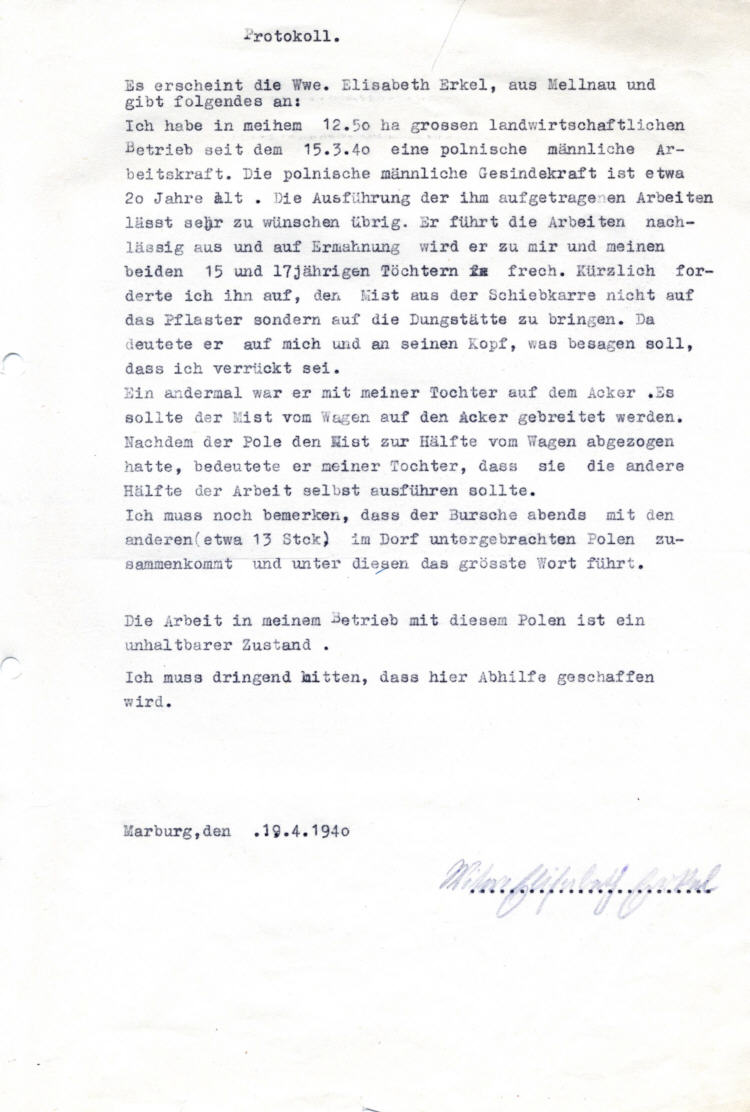 Überprüfung von Klagen über Verhalten und Arbeitsleistungen polnischer Landarbeiter, hier: Mellnau, Krs. Marburg