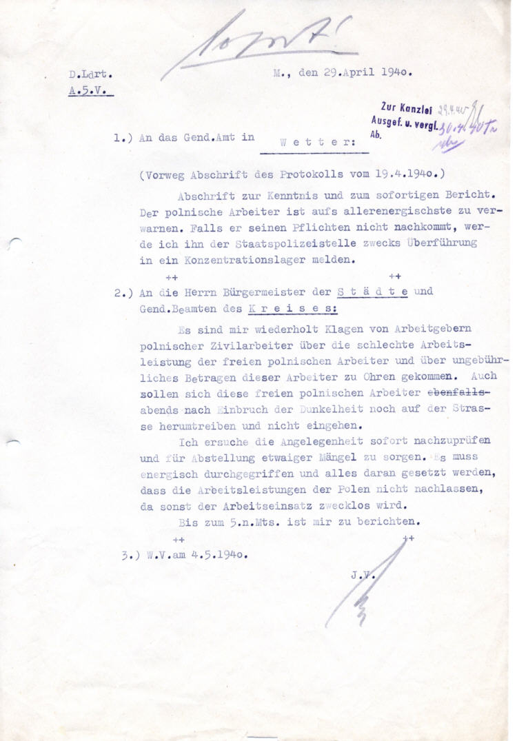 Überprüfung von Klagen über Verhalten und Arbeitsleistungen polnischer Landarbeiter, hier: Mellnau, Krs. Marburg