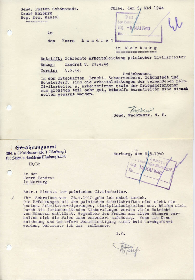 Verhalten und Arbeitsleistungen polnischer Landarbeiter in verschiedenen Ortschaften im Kreis Marburg, Meldungen der Bürgermeister