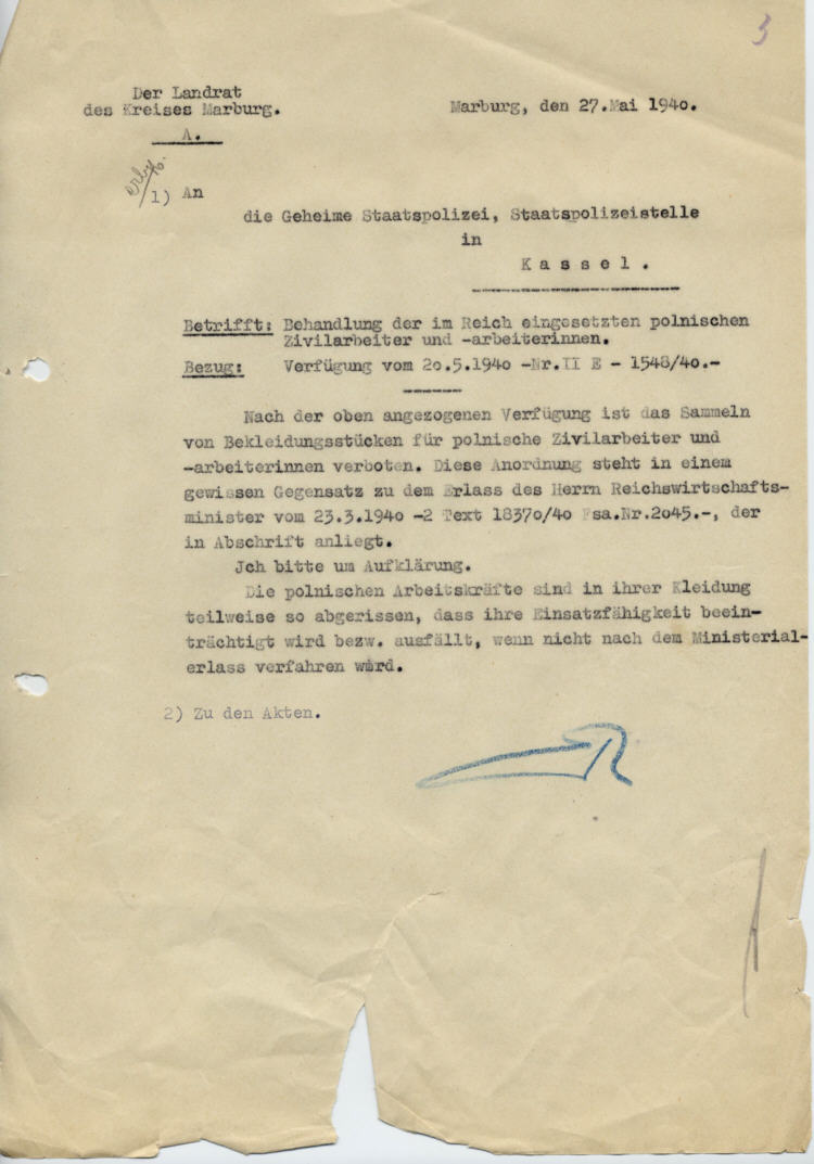 Der Landrat des Kreises Marburg an die Gestapo in Kassel:  Behandlung der im Reich eingesetzten Zivilarbeiter und –arbeiterinnen vom 20. Mai 1940, hier: Sammlung von abgetragenen Kleidungsstücken