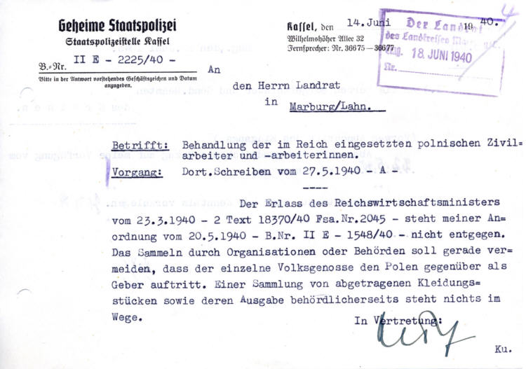Der Landrat des Kreises Marburg an die Gestapo in Kassel:  Behandlung der im Reich eingesetzten Zivilarbeiter und –arbeiterinnen vom 20. Mai 1940, hier: Sammlung von abgetragenen Kleidungsstücken