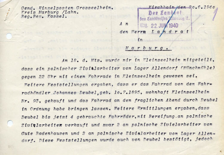 Erwerb und Benutzung von Fahrrädern durch polnische Zivilarbeiter. (Kleinseelheim)