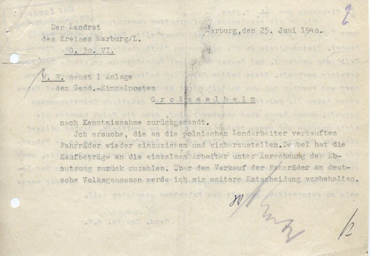 Erwerb und Benutzung von Fahrrädern durch polnische Zivilarbeiter. (Kleinseelheim)