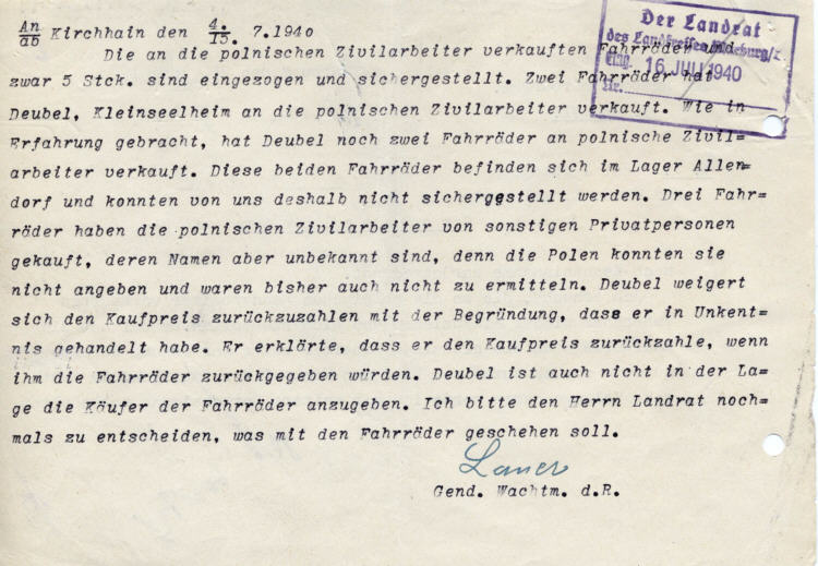 Erwerb und Benutzung von Fahrrädern durch polnische Zivilarbeiter. (Kleinseelheim)