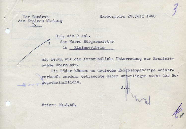Erwerb und Benutzung von Fahrrädern durch polnische Zivilarbeiter. (Kleinseelheim)