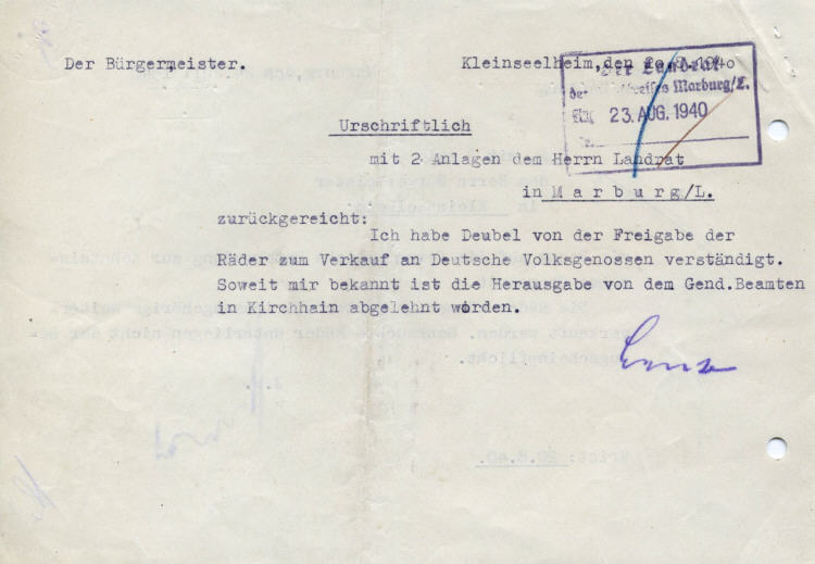 Erwerb und Benutzung von Fahrrädern durch polnische Zivilarbeiter. (Kleinseelheim)
