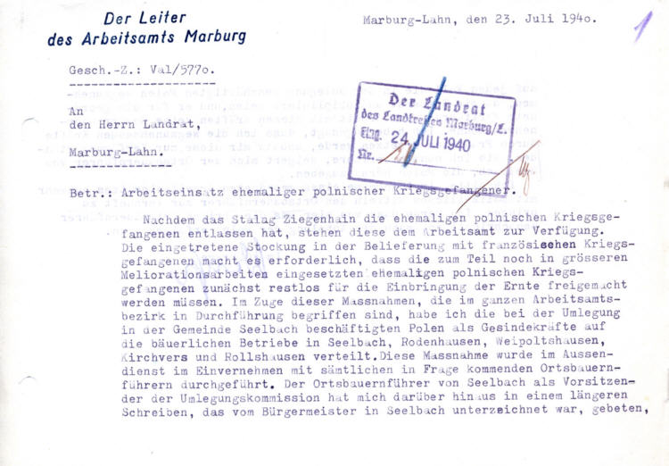 Der Leiter des Arbeitsamtes Marburg zum Ernteeinsatz ehemaliger polnischer Kriegsgefangener. Konflikt mit dem Ortsbauernführer in Seelbach über die „Herausgabe“ von Polen