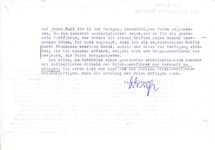 Der Leiter des Arbeitsamtes Marburg zum Ernteeinsatz ehemaliger polnischer Kriegsgefangener. Konflikt mit dem Ortsbauernführer in Seelbach über die „Herausgabe“ von Polen