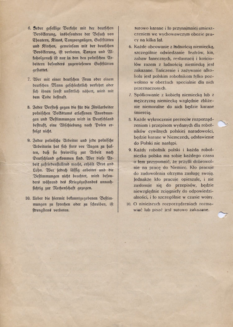 „Pflichten der Zivilarbeiter und –arbeiterinnen polnischen Volkstums während ihres Aufenthaltes im Reich“ Lediglich zur mündlichen Eröffnung! (zweisprachig)