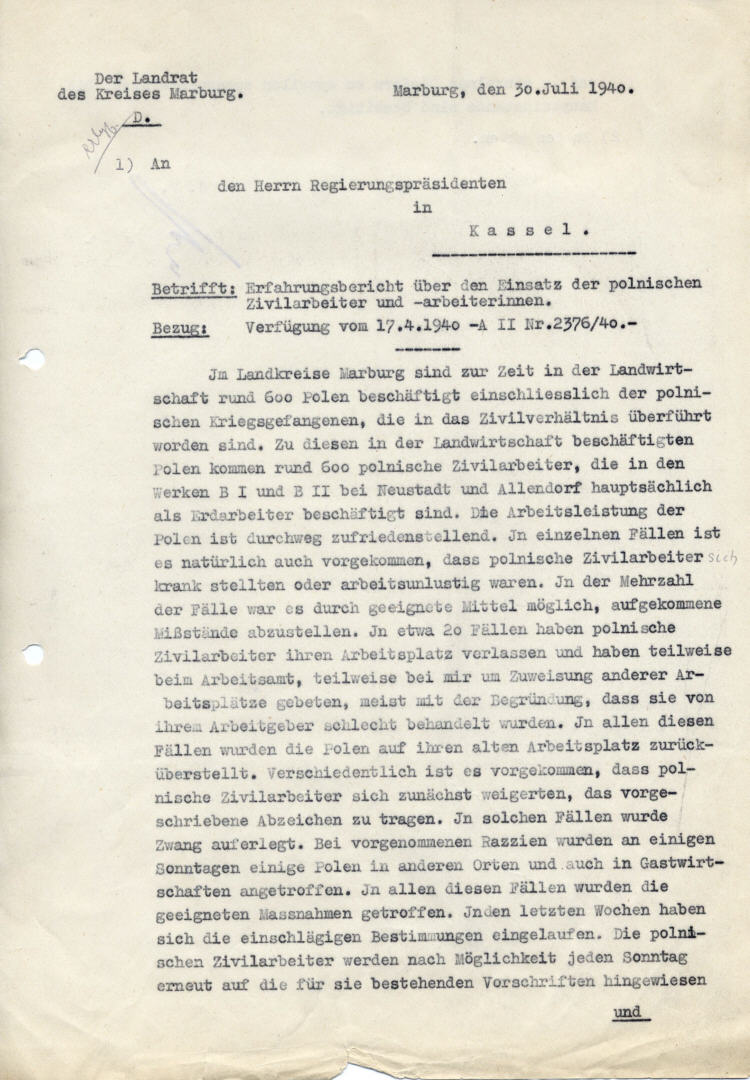 Der Landrat des Kreises Marburg an den Regierungspräsidenten in Kassel:  Erfahrungsbericht über den Einsatz der polnischen Zivilarbeiter und –arbeiterinnen