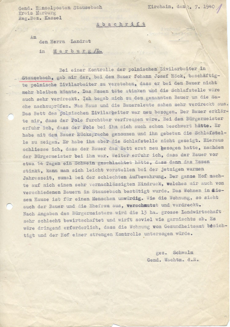 Staatliches Gesundheitsamt. Der Amtsarzt:  Überprüfung eines Hofes in Stausebach, Krs. Marburg nach Klagen eines polnischen Zivilarbeiters