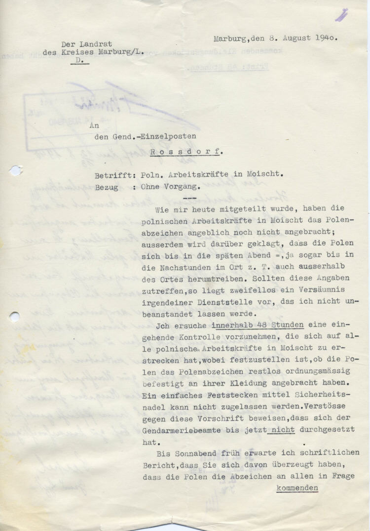 Der Landrat des Kreises Marburg: Polnische Arbeitskräfte in Moischt, Nichttragen des „Polenabzeichens“