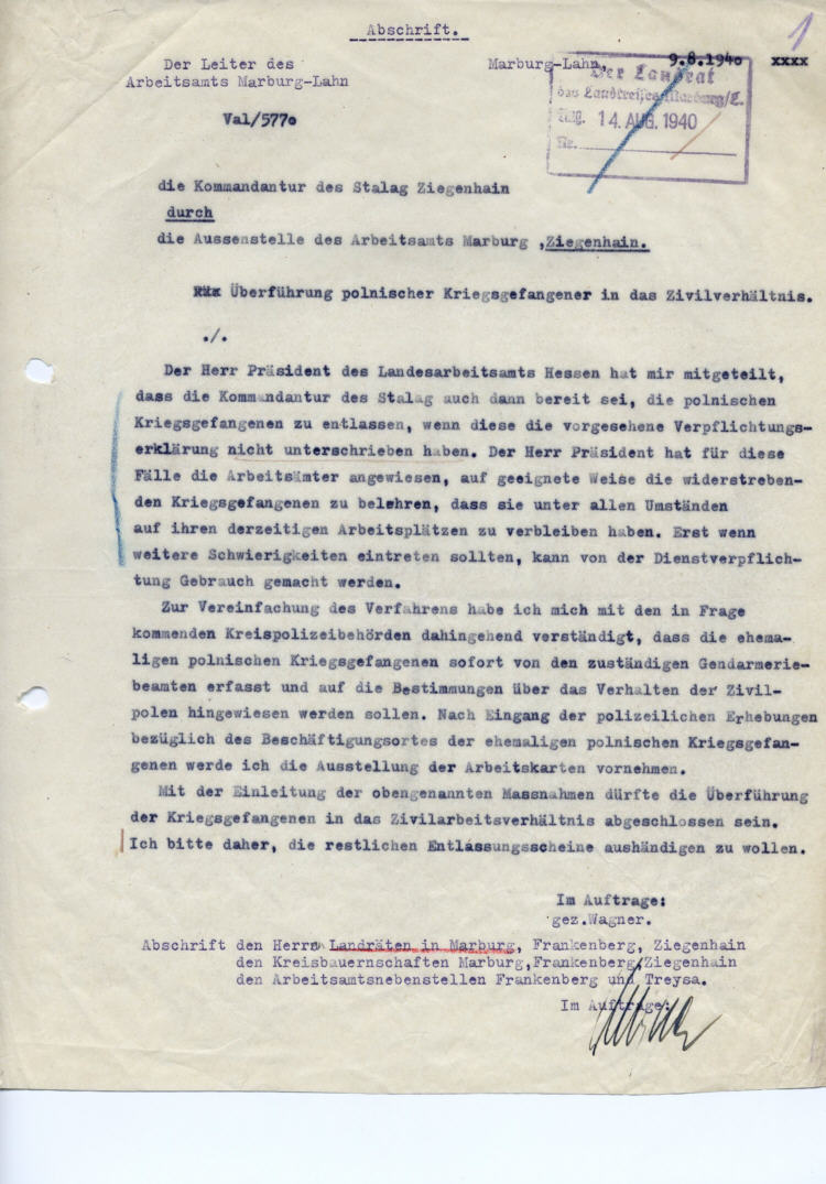 Der Leiter des Arbeitsamtes Marburg an die Kommandantur des Stalag Ziegenhain: Überführung polnischer Kriegsgefangener in das Zivilverhältnis