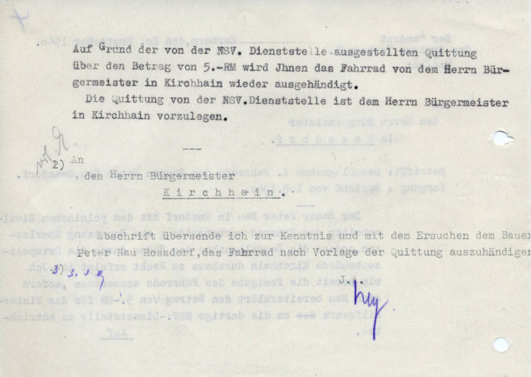 Der Landrat des Kreises Marburg: Verbotswidrige Überlassung eines Fahrrades an einen polnischen Zivilarbeiter in Roßdorf