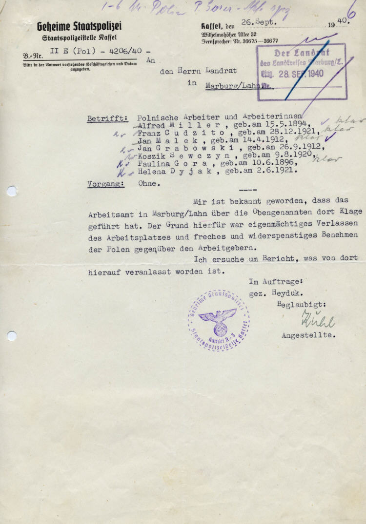 Gestapo Kassel an den Landrat des Kreises Marburg: „Freches und widerspenstiges Benehmen der Polen gegenüber den Arbeitgebern“ Anforderung von Berichten in 7 Fällen in Michelbach, Kehna, Nanzhausen, Ebsdorf, Langendorf u.a.