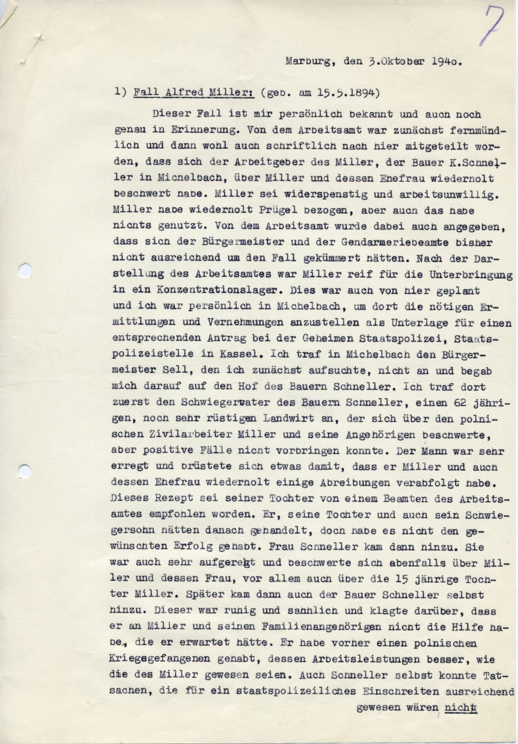 Gestapo Kassel an den Landrat des Kreises Marburg: „Freches und widerspenstiges Benehmen der Polen gegenüber den Arbeitgebern“ Anforderung von Berichten in 7 Fällen in Michelbach, Kehna, Nanzhausen, Ebsdorf, Langendorf u.a.