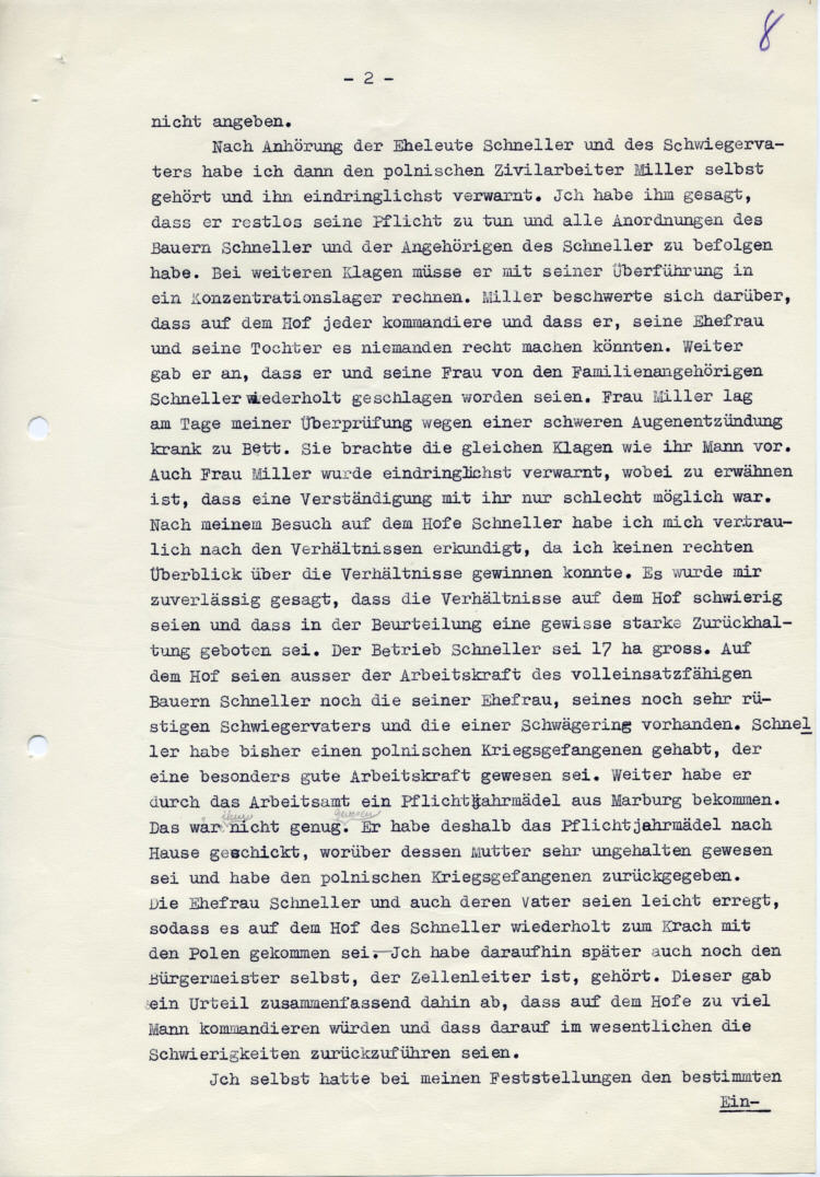 Gestapo Kassel an den Landrat des Kreises Marburg: „Freches und widerspenstiges Benehmen der Polen gegenüber den Arbeitgebern“ Anforderung von Berichten in 7 Fällen in Michelbach, Kehna, Nanzhausen, Ebsdorf, Langendorf u.a.