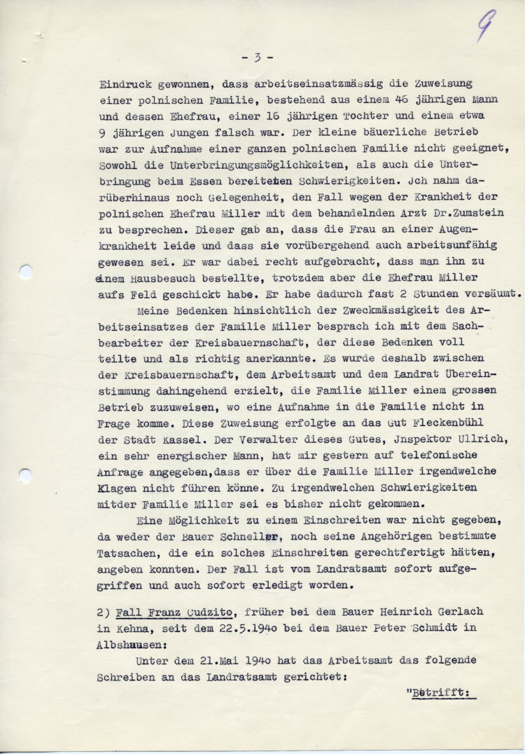 Gestapo Kassel an den Landrat des Kreises Marburg: „Freches und widerspenstiges Benehmen der Polen gegenüber den Arbeitgebern“ Anforderung von Berichten in 7 Fällen in Michelbach, Kehna, Nanzhausen, Ebsdorf, Langendorf u.a.