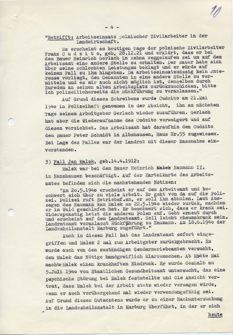 Gestapo Kassel an den Landrat des Kreises Marburg: „Freches und widerspenstiges Benehmen der Polen gegenüber den Arbeitgebern“ Anforderung von Berichten in 7 Fällen in Michelbach, Kehna, Nanzhausen, Ebsdorf, Langendorf u.a.