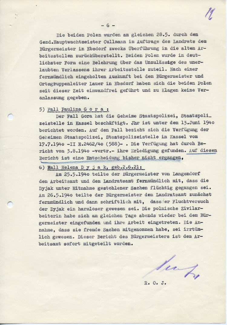 Gestapo Kassel an den Landrat des Kreises Marburg: „Freches und widerspenstiges Benehmen der Polen gegenüber den Arbeitgebern“ Anforderung von Berichten in 7 Fällen in Michelbach, Kehna, Nanzhausen, Ebsdorf, Langendorf u.a.