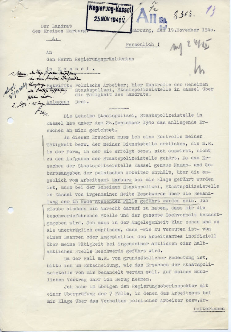 Der Landrat des Kreises Marburg an den Regierungspräsidenten in Kassel: Beschwerde über die Intervention der Gestapo vom 26. September 1940, die das Landratsamt mit „völlig unproduktiver Arbeitsleistung“ binde