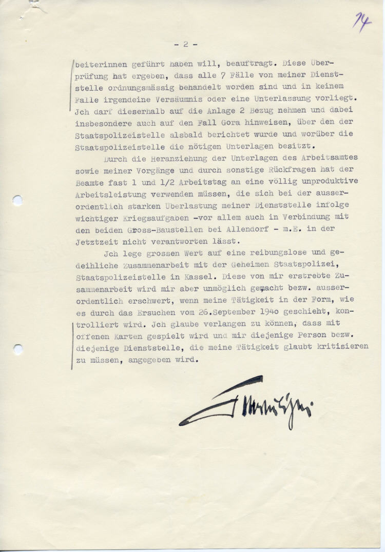 Der Landrat des Kreises Marburg an den Regierungspräsidenten in Kassel: Beschwerde über die Intervention der Gestapo vom 26. September 1940, die das Landratsamt mit „völlig unproduktiver Arbeitsleistung“ binde