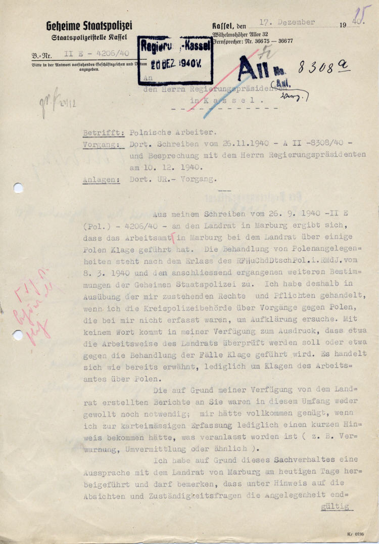 Der Landrat des Kreises Marburg an den Regierungspräsidenten in Kassel: Beschwerde über die Intervention der Gestapo vom 26. September 1940, die das Landratsamt mit „völlig unproduktiver Arbeitsleistung“ binde