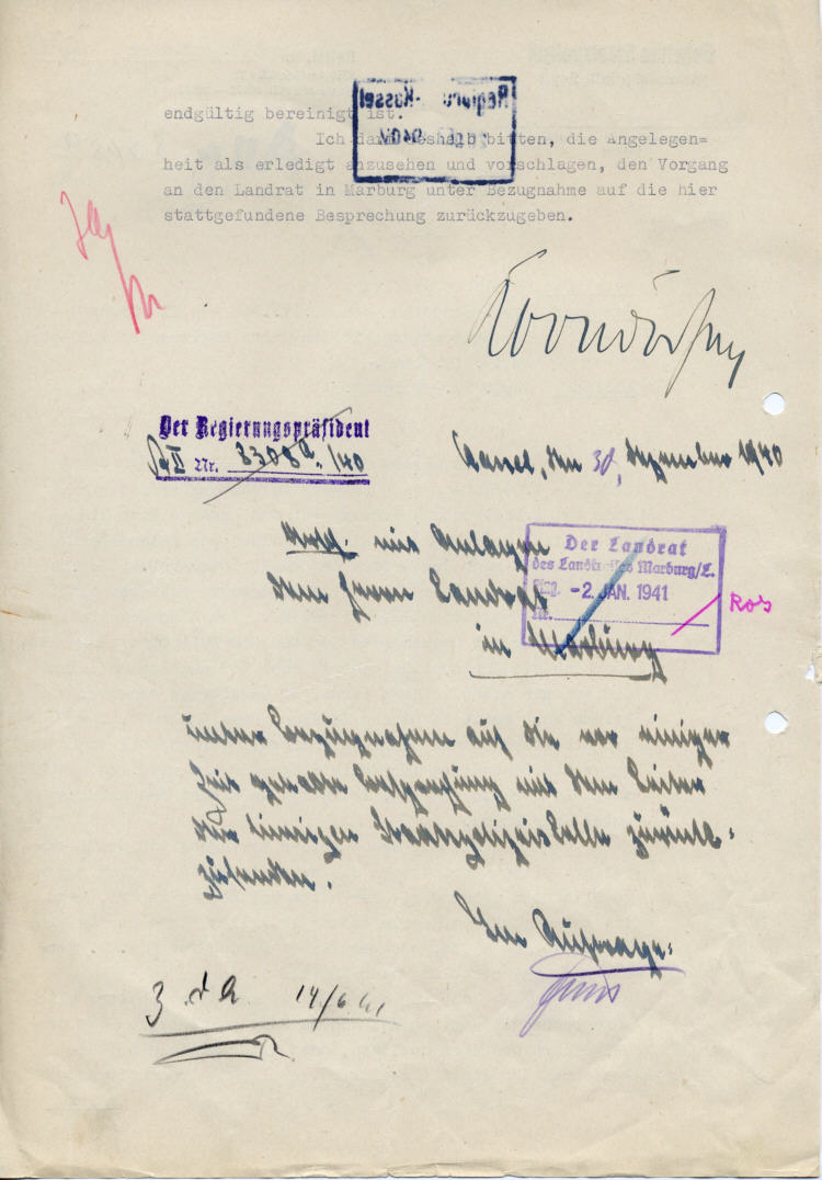 Der Landrat des Kreises Marburg an den Regierungspräsidenten in Kassel: Beschwerde über die Intervention der Gestapo vom 26. September 1940, die das Landratsamt mit „völlig unproduktiver Arbeitsleistung“ binde