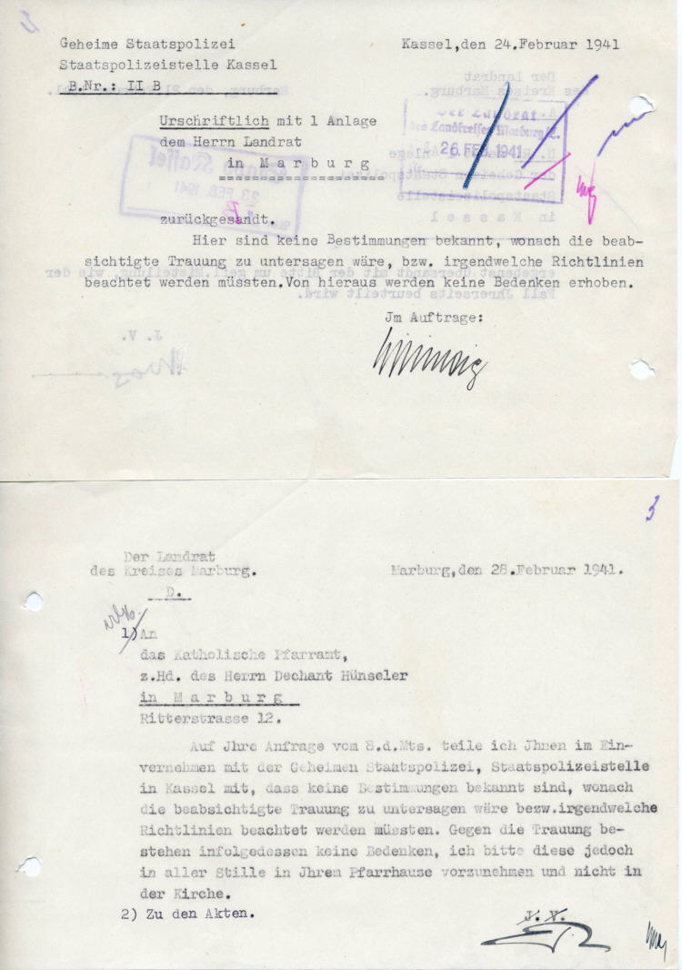 Katholisches Pfarramt Marburg an den Kreisleiter der NSDAP und Landrat Krawielitzki:  Kirchliche Trauung von polnischen Zivilgefangenen auf dem Hofgut Michelbach:  Stellungnahme der Gestapo Kassel und des Landrats
