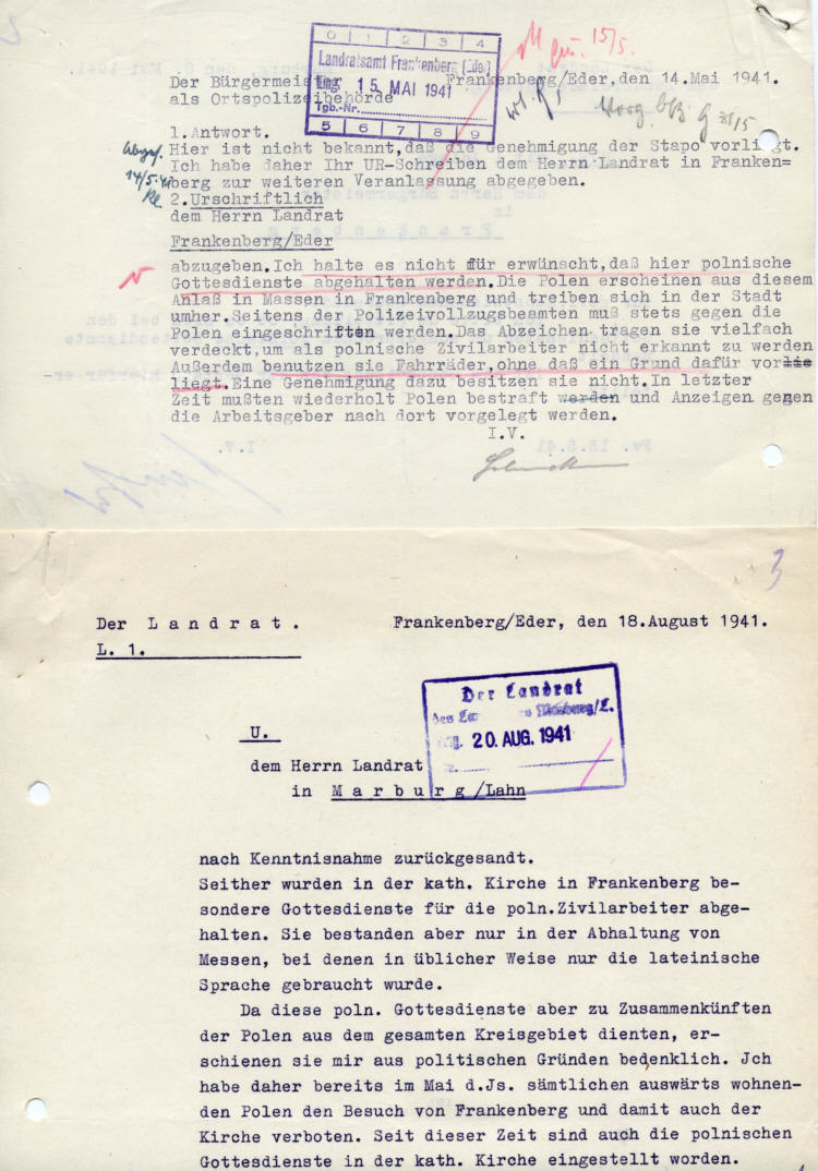 Der Bürgermeister Frankenberg/Eder: Verbot der Abhaltung polnischer Gottesdienste in der katholischen Kirche in Frankenberg