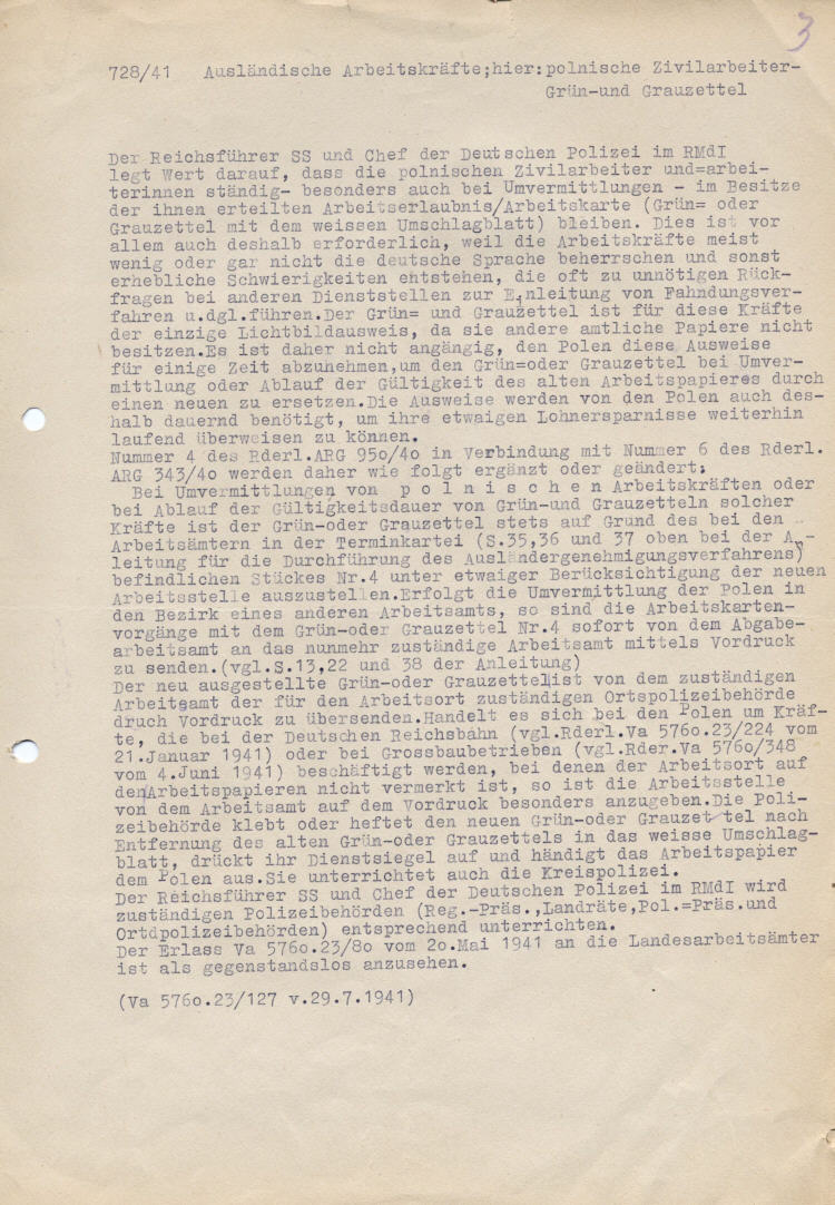 Reichsführer SS zur Arbeitsverwaltung polnischer Zivilarbeit: Arbeitserlaubnis/Arbeitskarte und Grün- oder Grauzettel als Ausweispapiere
