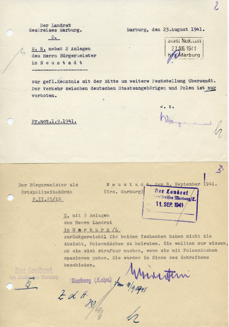 Anfrage geb. tschechischer Zivilarbeiter an den Landrat Marburg, ob sie sich strafbar machen, wenn sie sich mit „Polenmädchen“ abgeben