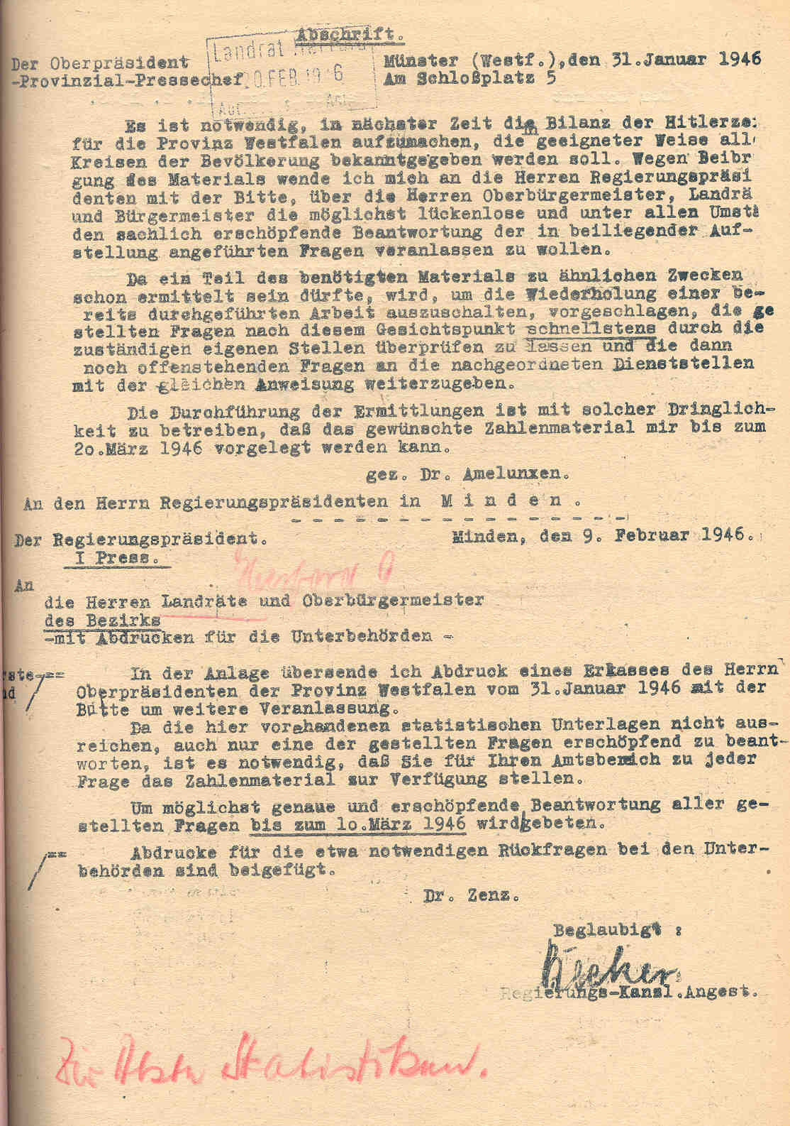 Bilanz der Hitlerzeit. Erlaß des Oberpräsidenten der Provinz Westfalen, Münster, den 31. Januar 1946.