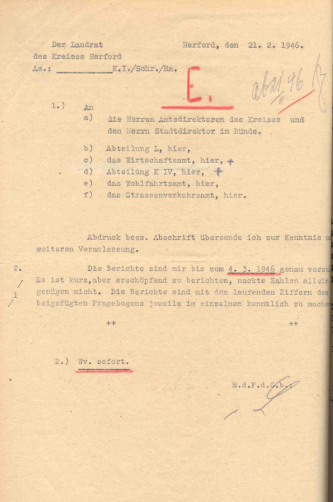 Der Landrat des Kreises Herford an die Amtsdirektoren des Kreises, betr. Erhebung "Bilanz der Hitlerzeit" , Herford, den 21. Februar 1946.
