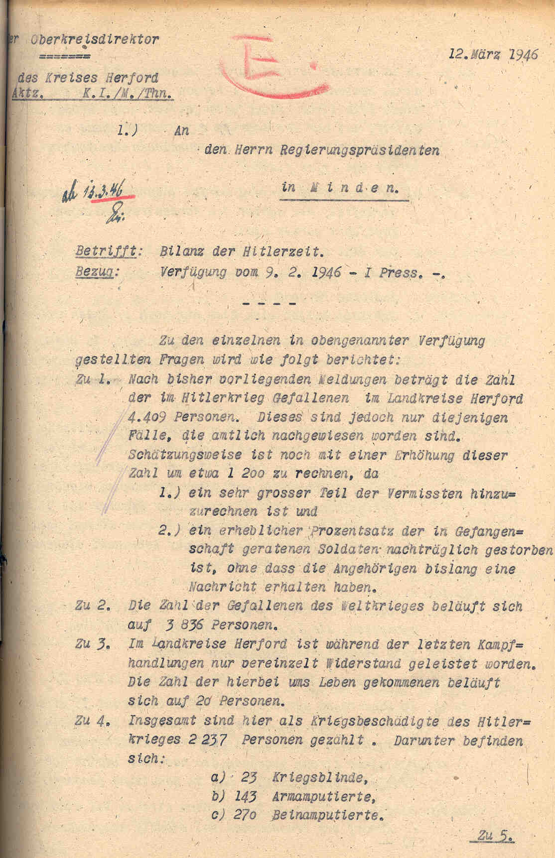 Der Oberkreisdirektor des Kreises Herford an den Regierungspräsidenten in Minden, betr. Erhebung "Bilanz der Hitlerzeit" , Herford, den 12. März 1946.