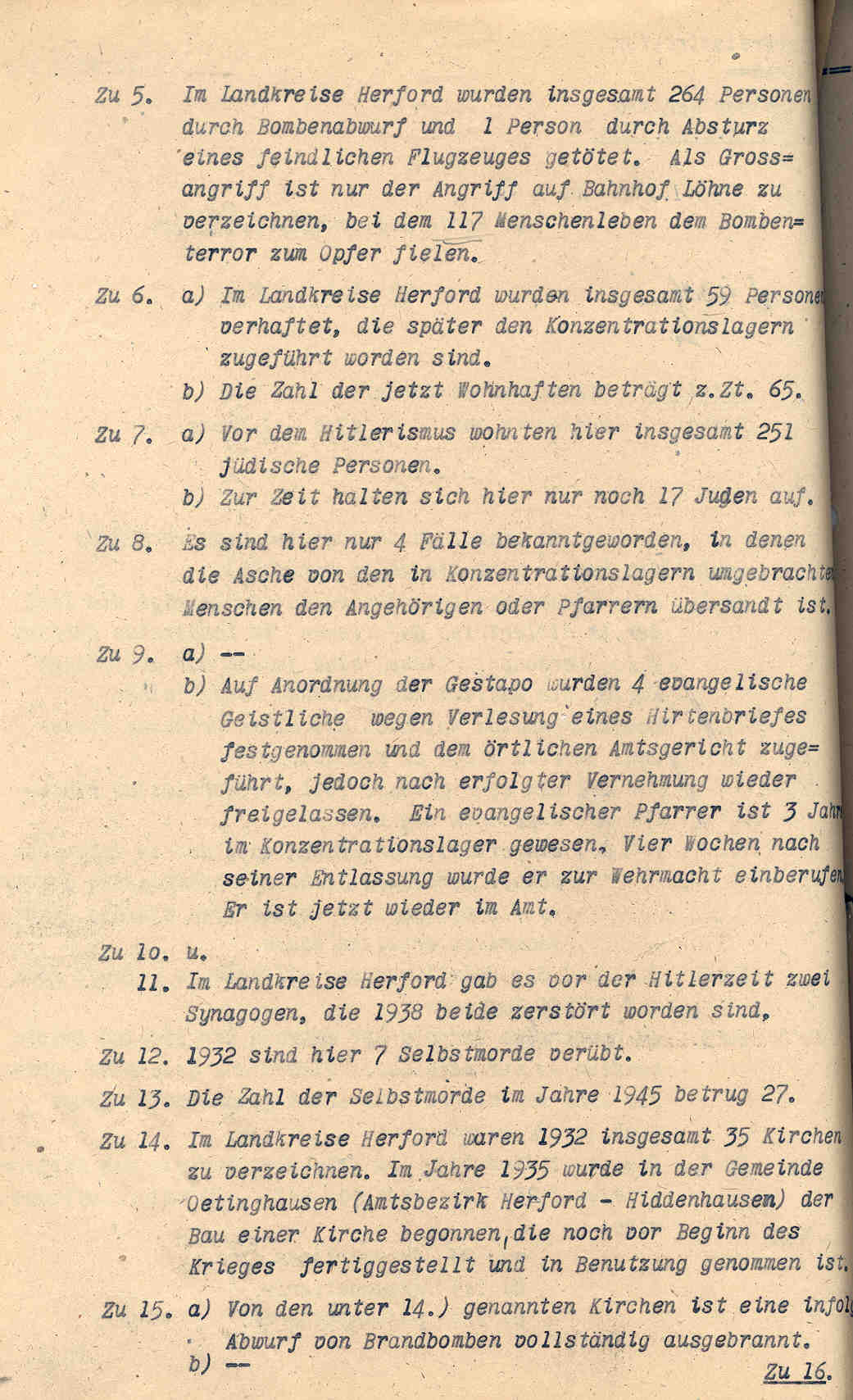 Der Oberkreisdirektor des Kreises Herford an den Regierungspräsidenten in Minden, betr. Erhebung "Bilanz der Hitlerzeit" , Herford, den 12. März 1946.