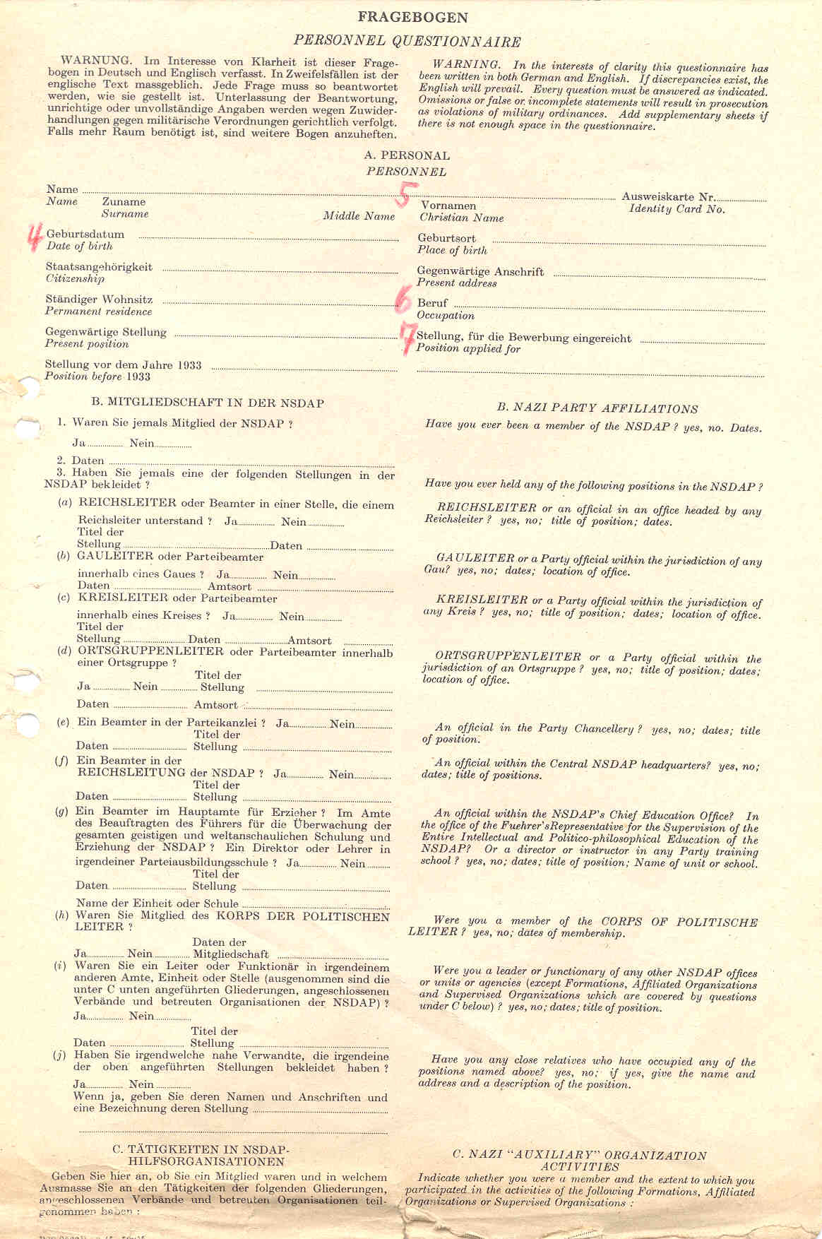 Der Fragebogen - Personnel Questionnaire, 1946.