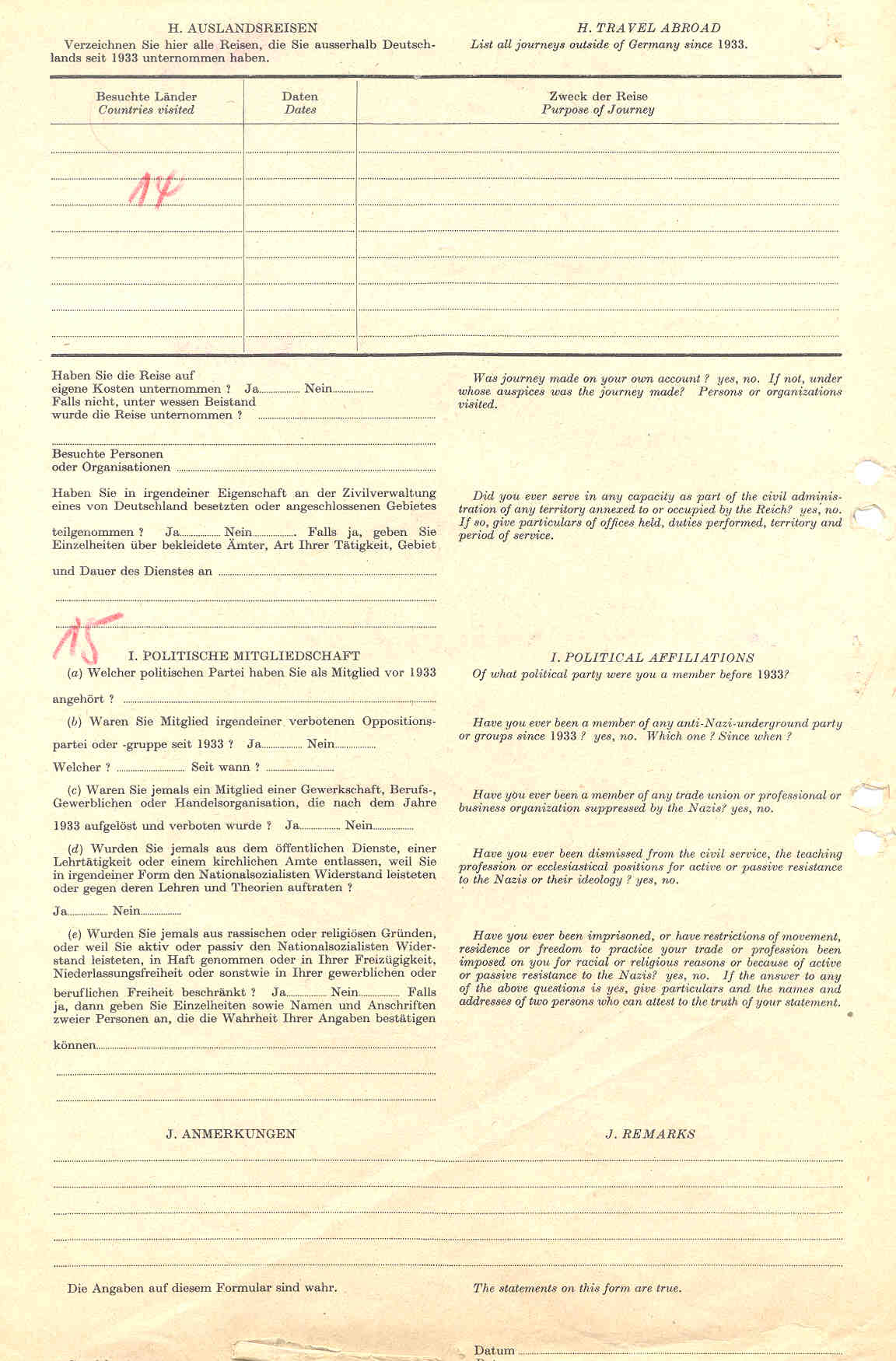 Der Fragebogen - Personnel Questionnaire, 1946.