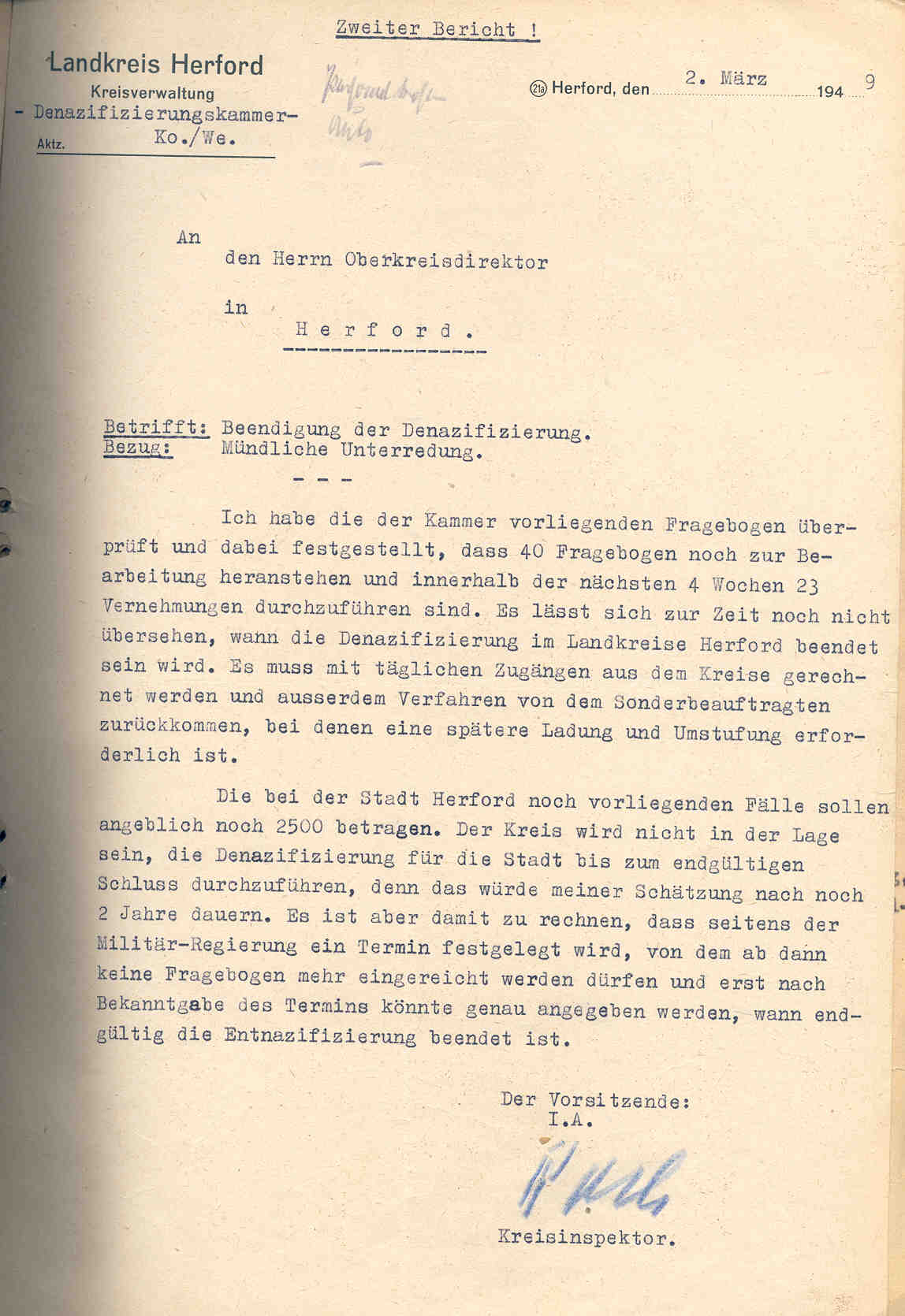 Beendigung der Denazifizierung im Kreis Herford, Schreiben des Kreisinspektors Kobusch an den Oberkreisinspektor im Kreis Herford,  2. März 1949.