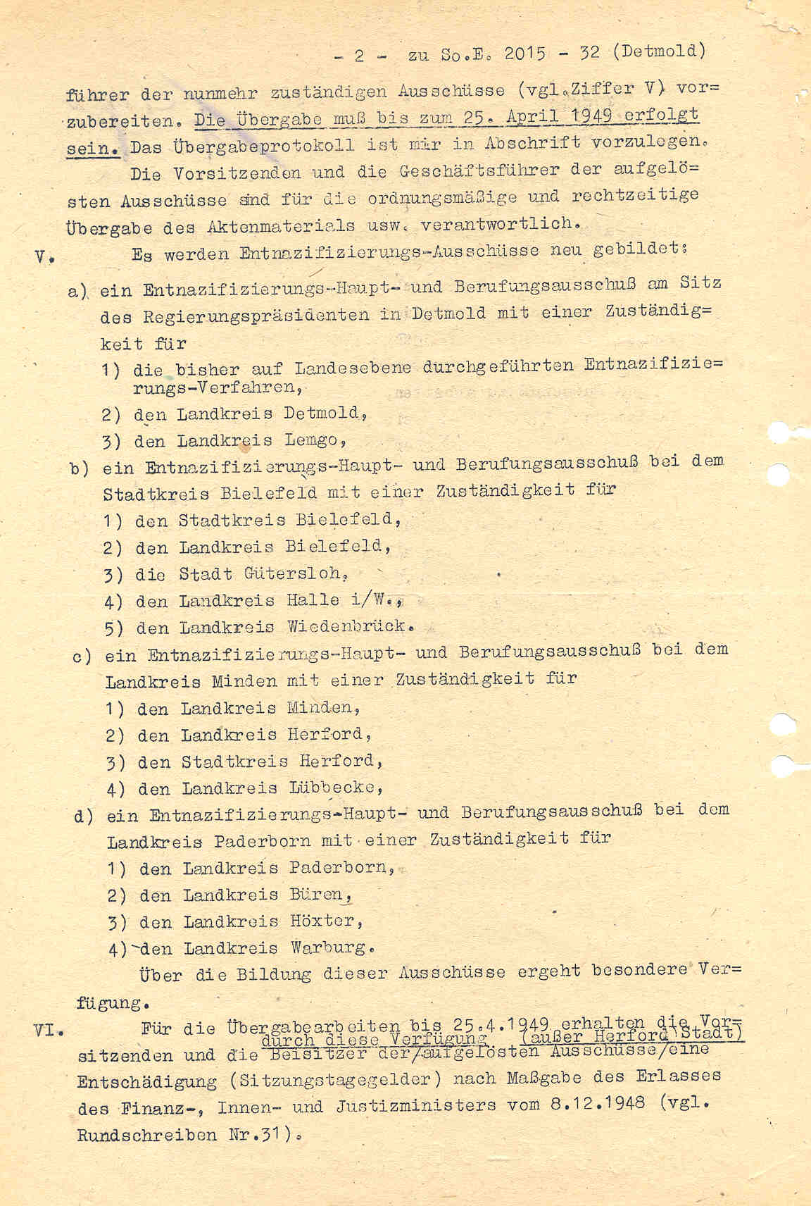 Zusammenlegung der Entnazifizierungsausschüsse im Regierungsbezirk Detmold, Düsseldorf, den 2. April 1949.