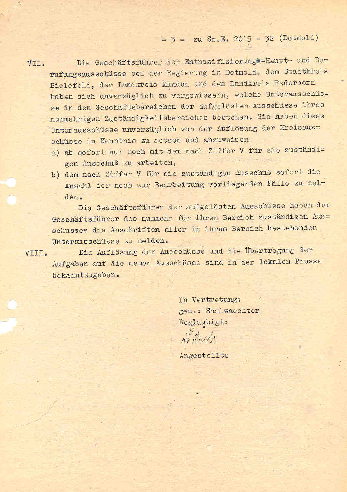 Zusammenlegung der Entnazifizierungsausschüsse im Regierungsbezirk Detmold, Düsseldorf, den 2. April 1949.